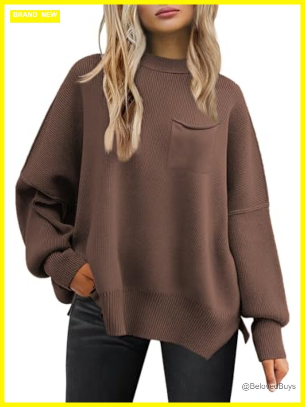 Oversized Ribbed Knit Pullover Sweater Crewneck Batwing Sleeve